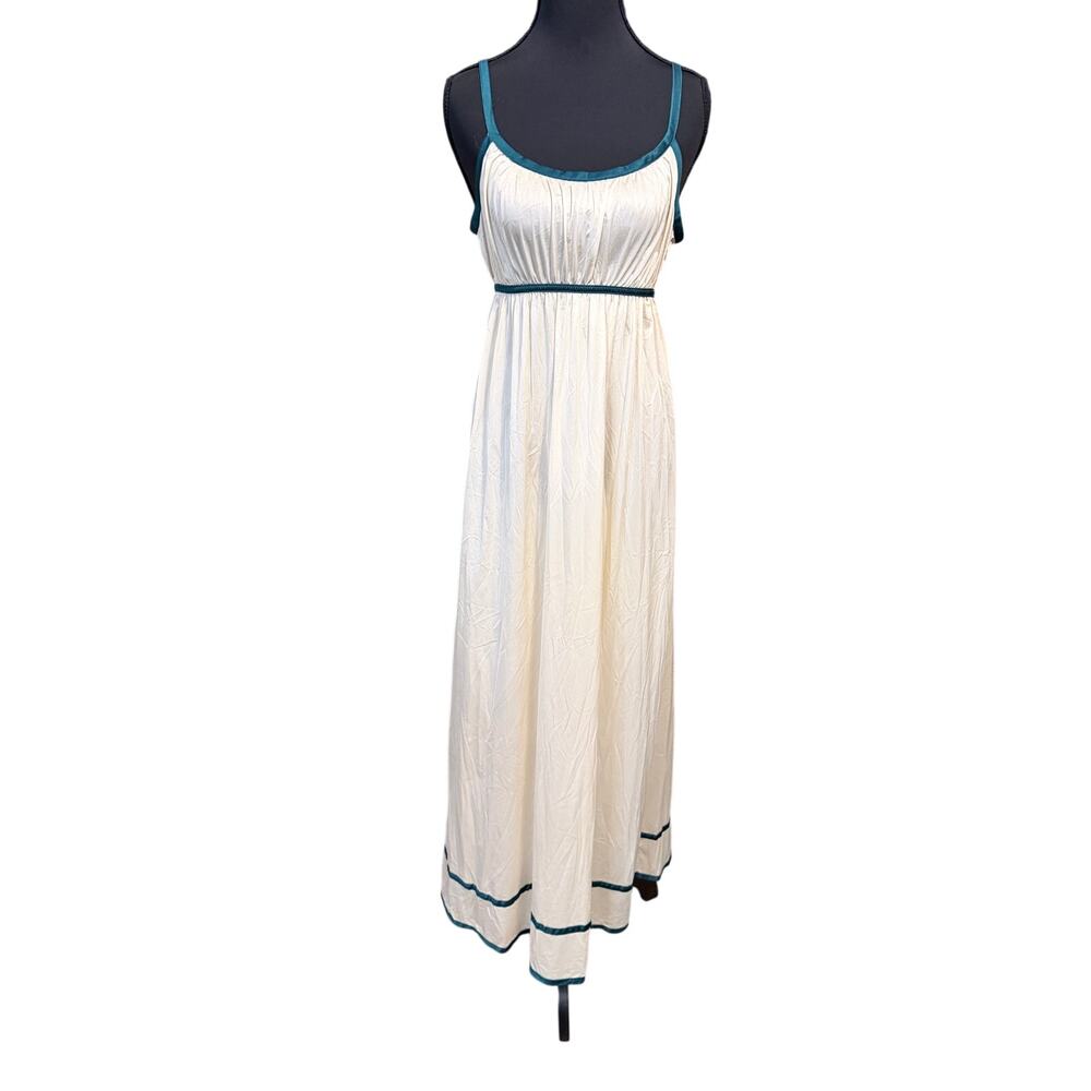 vintage 70s vassarette ivory empire waist night gown slip teal trim size 11
